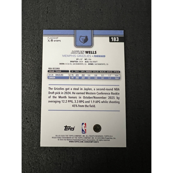 Jaylen Wells - 2025-26 Topps - Blue Sandglitter #087/150 - Picture 2 of 2